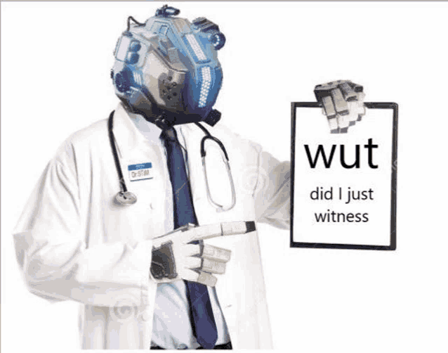 a doctor with a helmet on his head is holding a clipboard with a wut did i just witness sign on it .