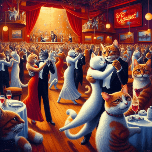 a painting of cats dancing in a ballroom with a sign that says " franspet "