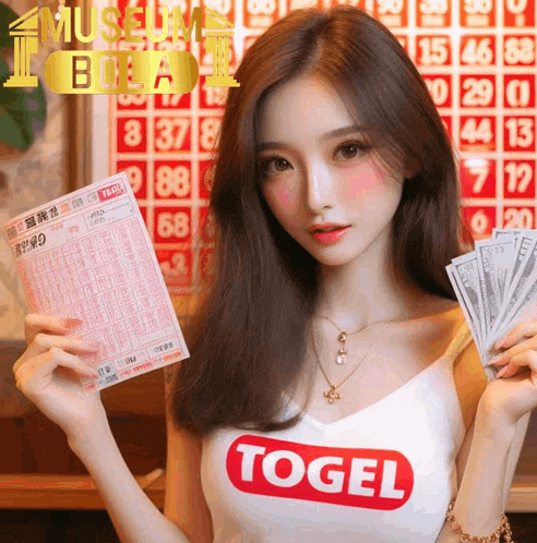 a woman wearing a shirt that says ' togel ' holds a lottery ticket and money