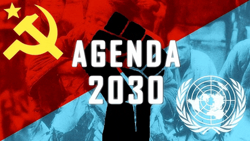 an agenda 2030 poster with a hammer and sickle