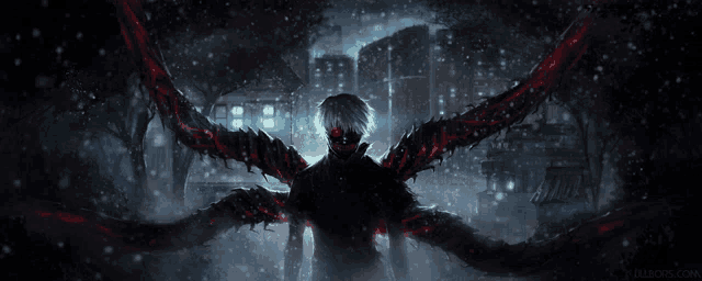 a man with red eyes and wings is standing in the dark