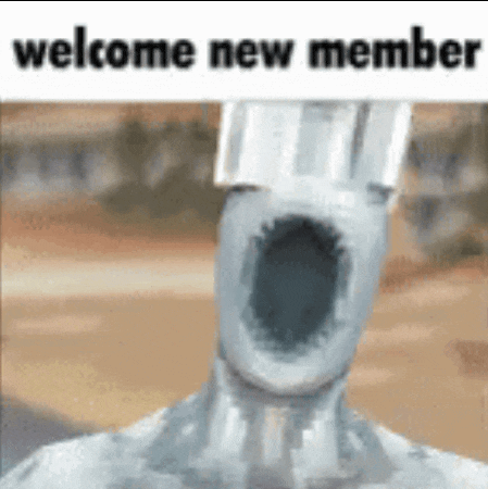 a statue of a man with his mouth open and the words `` welcome new member '' written above him .