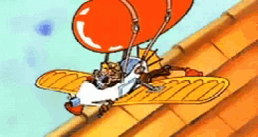 a cartoon of a person flying a plane with a balloon attached to it