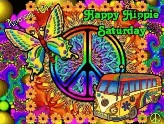 a colorful hippie greeting card with a peace sign , butterfly , and bus .