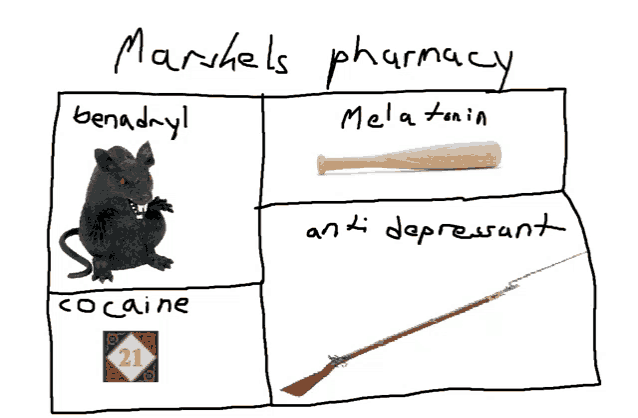 a drawing of a mouse a bat and a rifle with the words marshals pharmacy written on the top