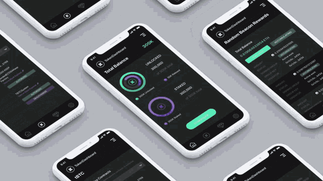 several phones are displaying a tokendashboard app on their screens