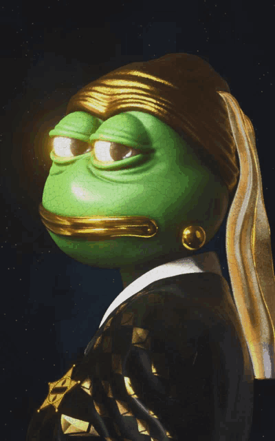 a green frog with a gold earring is wearing a gold headband