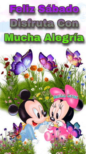 a poster with mickey mouse and minnie mouse and the words feliz sabado