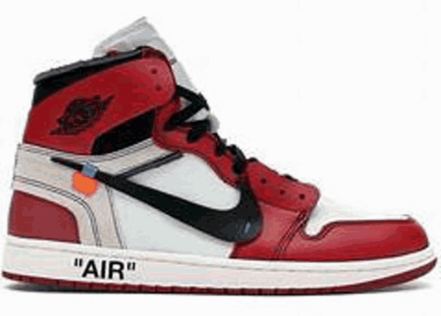 the off white x nike air jordan 1 retro high og chicago is a red and white shoe .