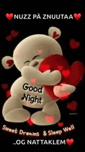 a teddy bear is hugging a heart with the words `` good night '' on it .