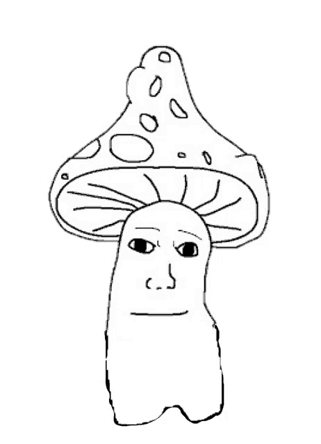 a black and white drawing of a mushroom with a face on it 's head .