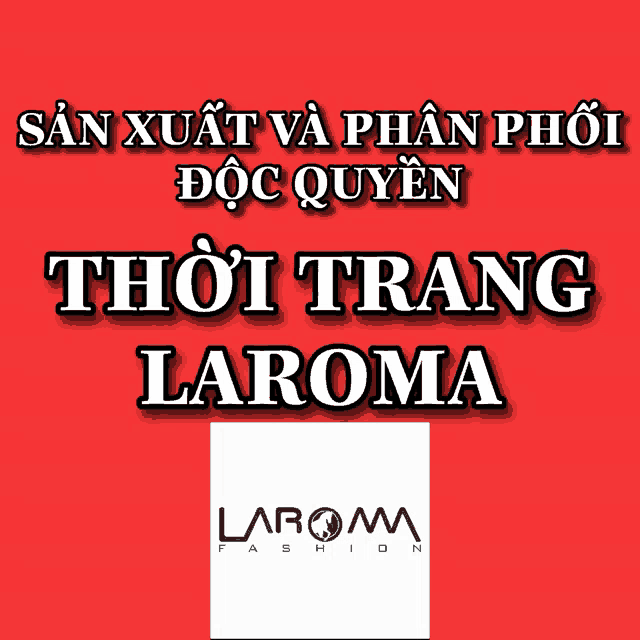 an ad for laroma fashion shows a white logo on a red background