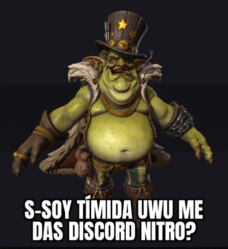 a cartoon character with a top hat and the words s soy timida uwu me das discord nitro