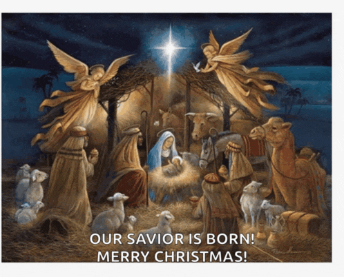 a nativity scene with the words " our savior is born merry christmas " on the bottom