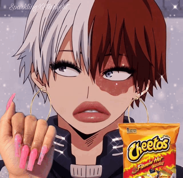 a girl with long pink nails is holding a bag of cheetos flamin hot