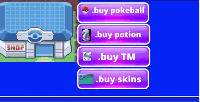 a screenshot of a video game that says buy pokeball buy potion buy tm buy skins