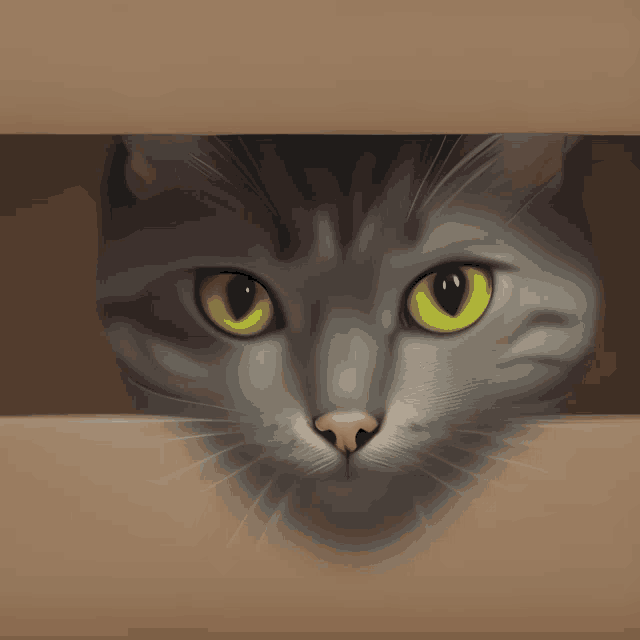 a cat with yellow eyes is peeking out of a box