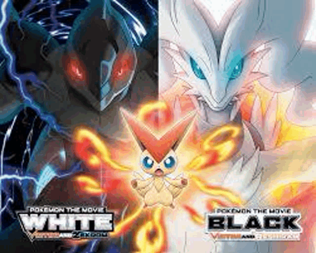 a poster for pokemon the movie white and black with a pokemon and a monster .