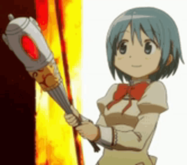 a cartoon girl is holding a baseball bat in front of a fire .