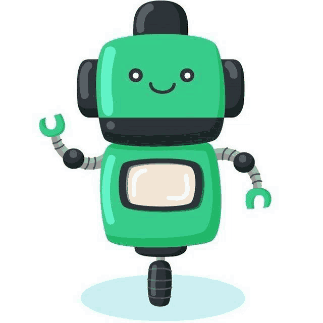 a cartoon illustration of a green robot with a smile on his face