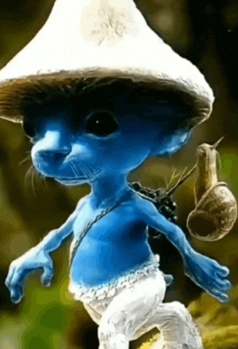 a blue smurf wearing a white hat and carrying a snail