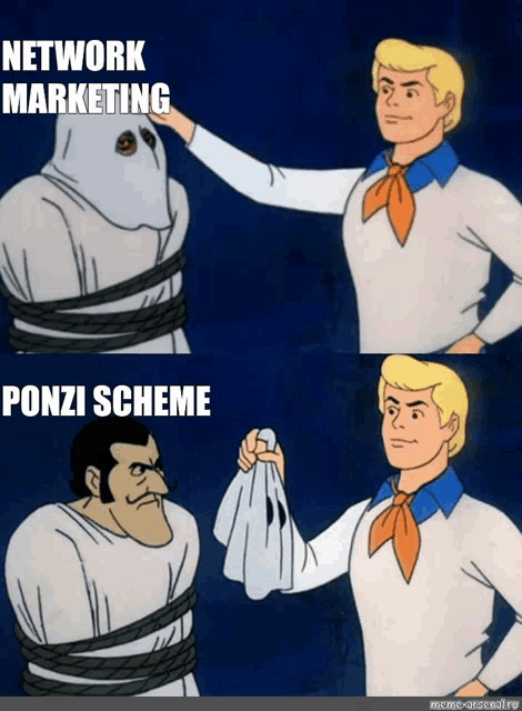 a cartoon shows a man tied up and another man holding a piece of paper that says " ponzi scheme " on it