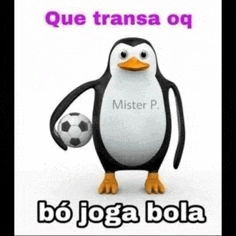 a penguin is holding a soccer ball with the words `` que transa oq bo joga bola '' .