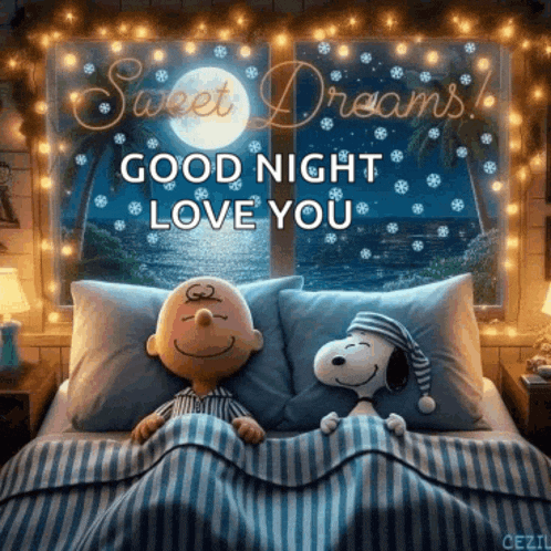 snoopy and charlie brown are sleeping in a bed with the words `` good night love you '' .