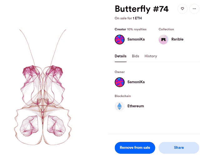 butterfly # 74 is on sale for 1 eth with a blue share button