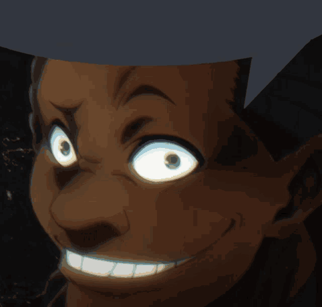 a close up of a person 's face with glowing eyes and a smile