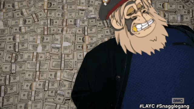 a man with a beard stands in front of a pile of money