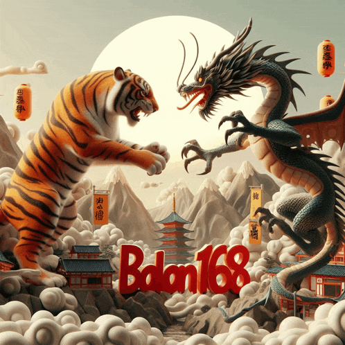 an illustration of a tiger and a dragon with the word bolon168 in red letters