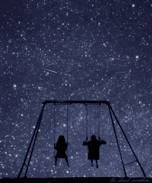 two children are sitting on swings under a starry night sky with the words " the clouded moonshine " on the bottom