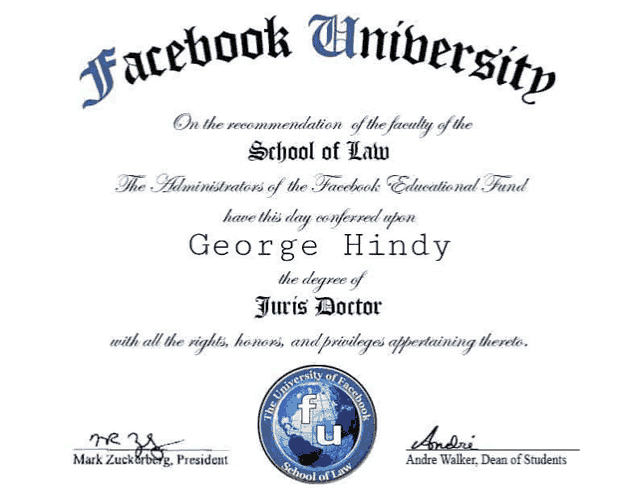 a facebook university certificate for george hindy 's degree of juris doctor