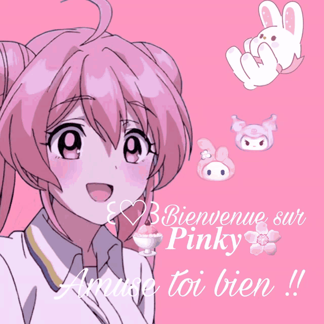 a pink background with a girl and the words bienvenue sur pinky above her