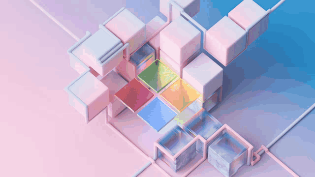 a computer generated image of pink and blue cubes with a green cube in the middle