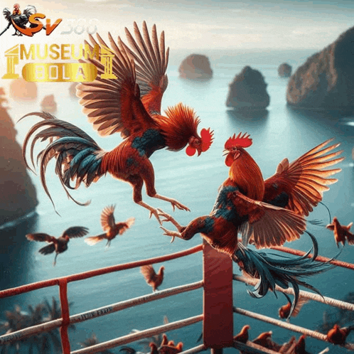 two roosters are fighting in front of a body of water