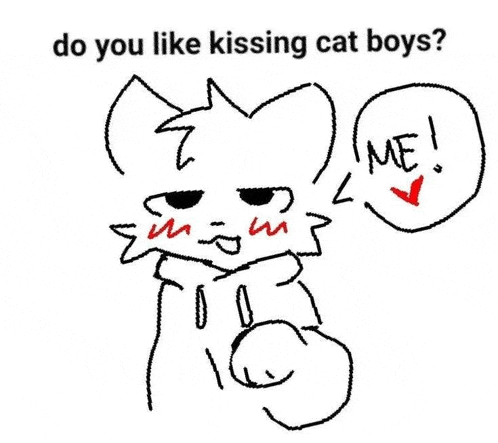 a black and white drawing of a cat asking if you like kissing cat boys .