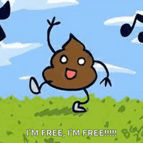 a cartoon of a poop with arms and legs is dancing in the grass .