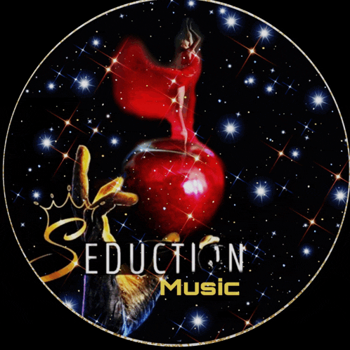 a logo for seduction music shows a hand holding a red apple