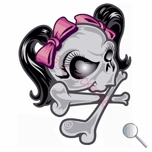 a cartoon skull with a pink bow on her head