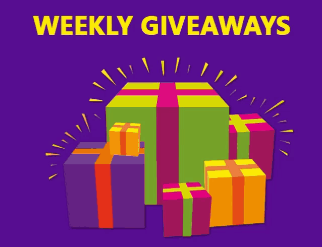 weekly giveaways are advertised with a bunch of colorful gifts