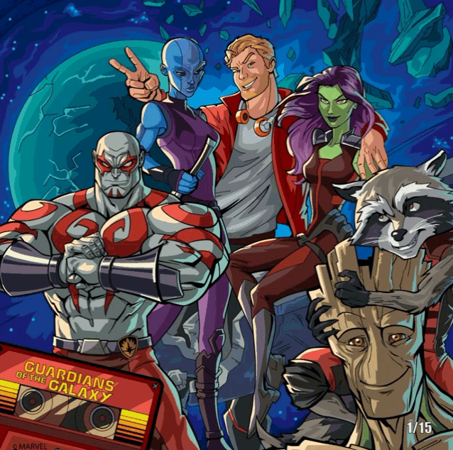 an illustration of guardians of the galaxy with a cassette tape