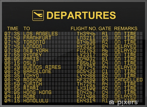 a departures board shows the time to los angeles frankfurt toronto and london