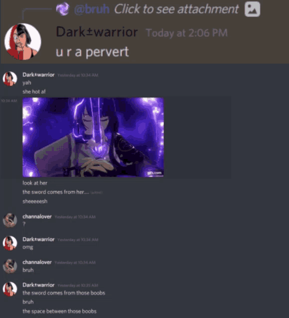 a screenshot of a discord conversation between dark warrior and @bruh