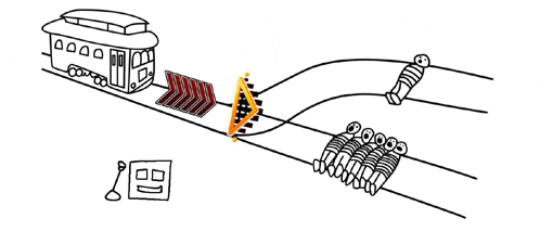 a drawing of a trolley going down a track