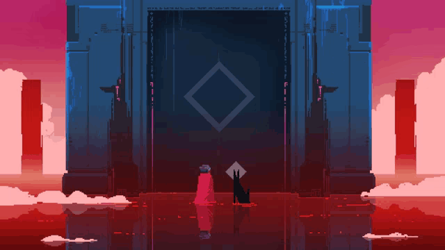 a pixel art illustration of a man standing in front of a door