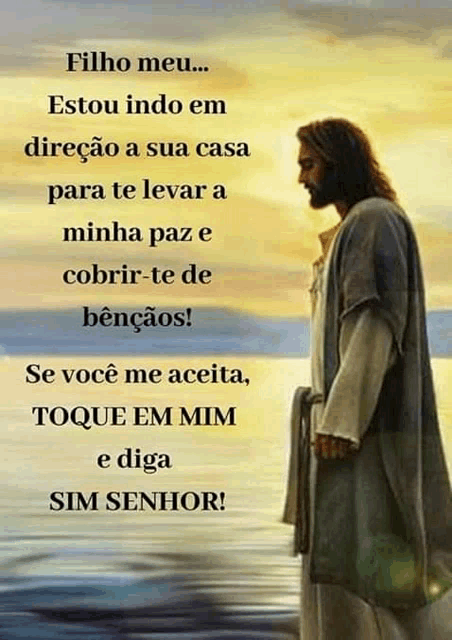 a painting of jesus standing on a beach with a quote in portuguese