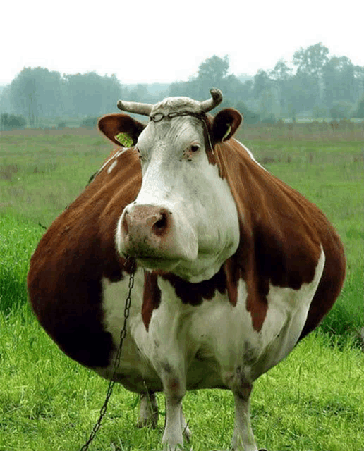 a brown and white cow with a tag on its ear standing in a field