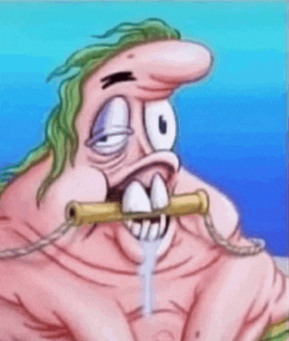 a cartoon character from spongebob squarepants is drinking water from a pipe .